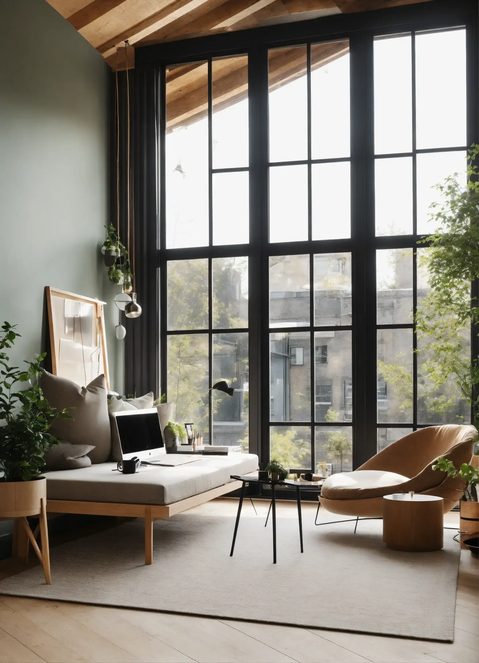 Minimalistische woonkamer met bamboe gordijnen